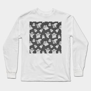 Black and White Vintage Kawaii Ghost Pattern Long Sleeve T-Shirt